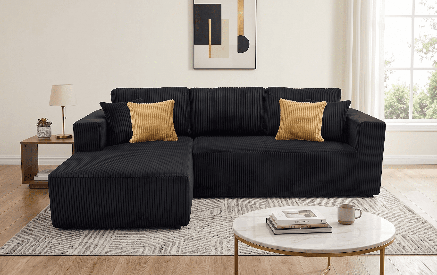 102" Modular Sectional Boneless Sofa, L-Shaped Cloud Couch with Left Facing Chaise, No Assembly Corduroy Sleeper Sofa, Plush Deep Seat Modular Couch with Toss Pillows for Living Room, Black