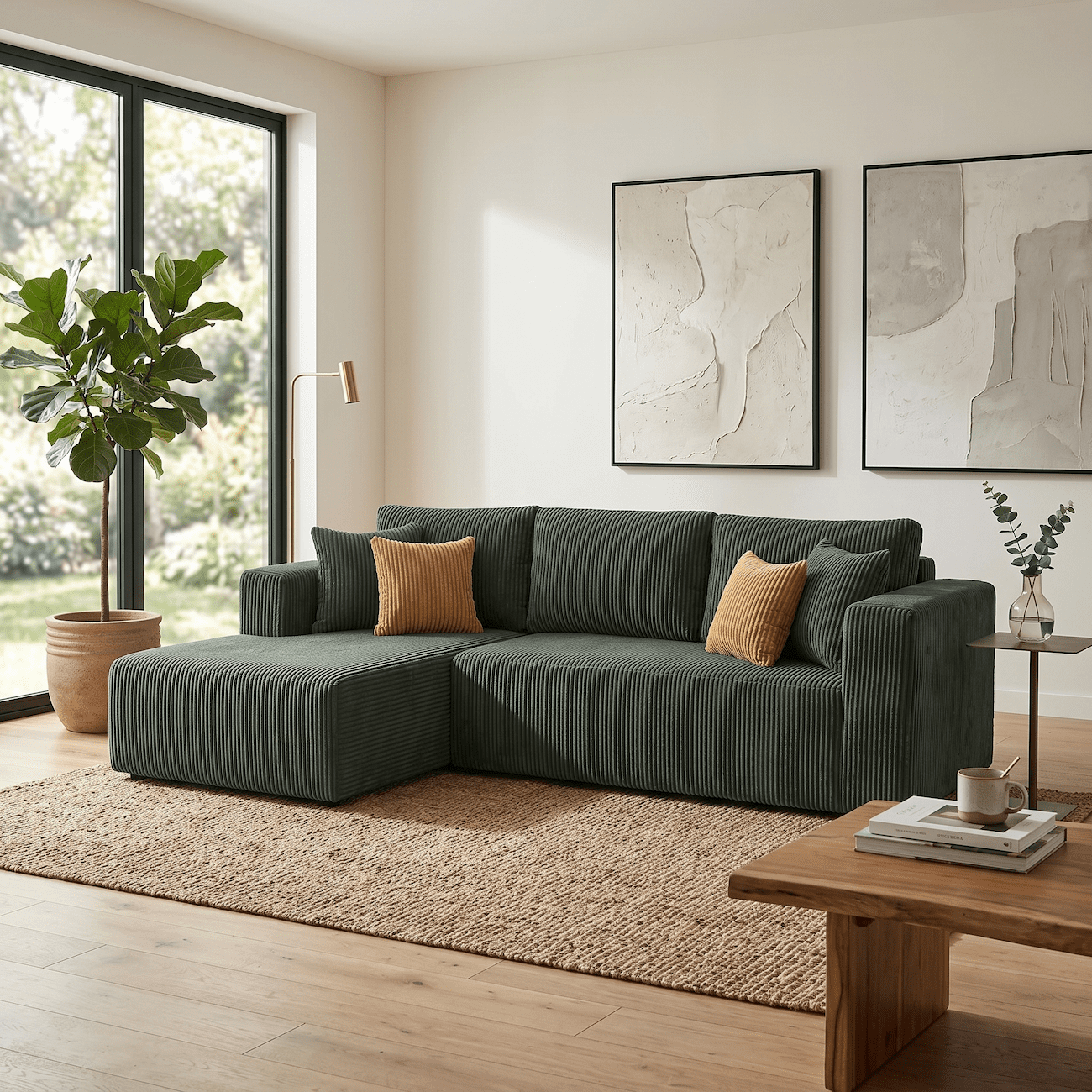 102" Modular Sectional Boneless Sofa, L-Shaped Cloud Couch with Left Facing Chaise, No Assembly Corduroy Sleeper Sofa, Plush Deep Seat Modular Couch with Toss Pillows for Living Room, Dark Green