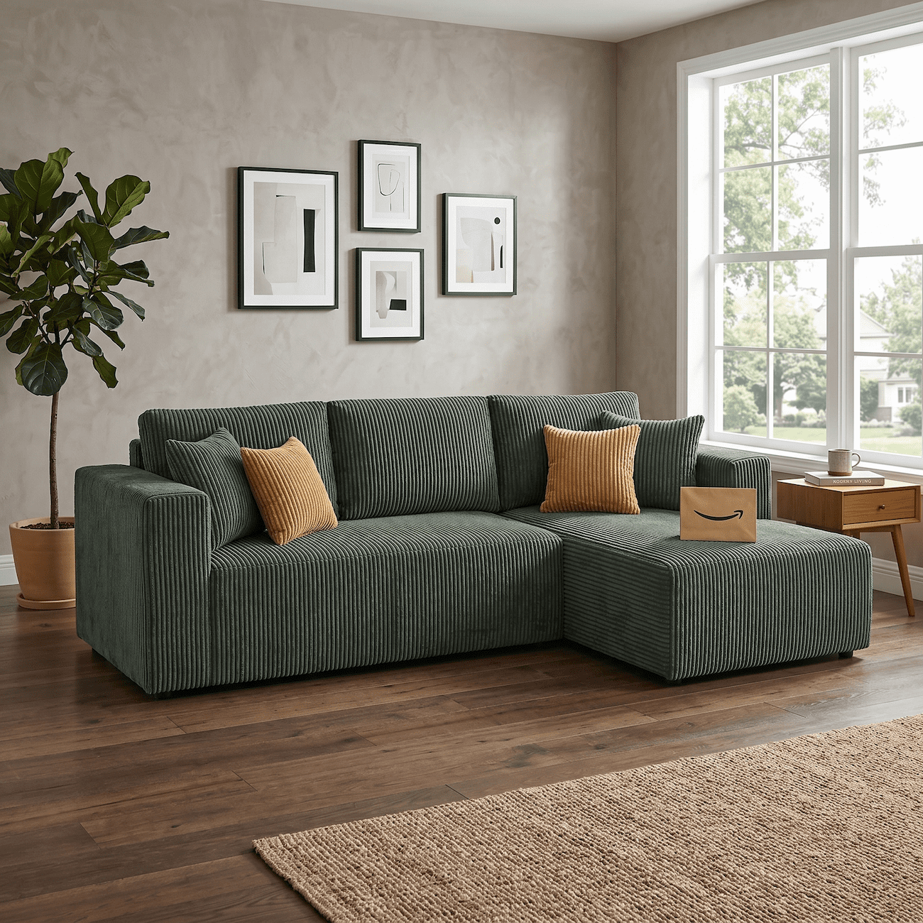 102" Modular Sectional Sofa, L-Shaped Cloud Couch with Right Facing Chaise, No Assembly Corduroy Sleeper Sofa, Plush Deep Seat Modular Couch with Toss Pillows for Living Room, Dark Green