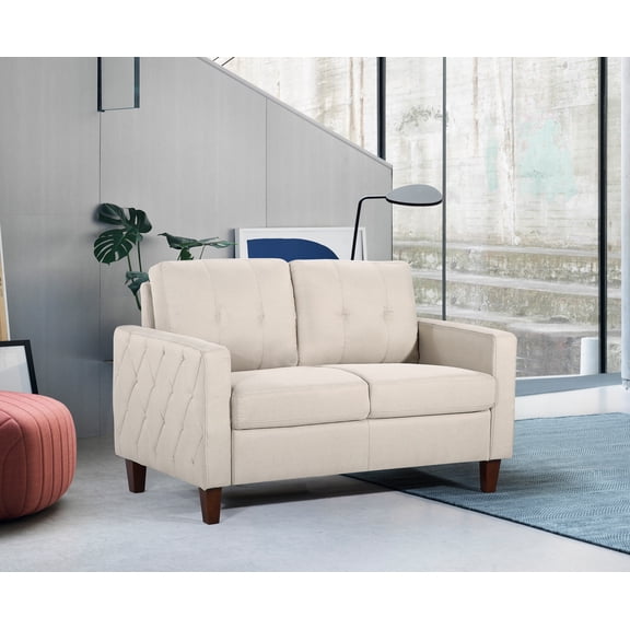 Loveseat Sofa, 2-Seater Upholstered Polyester Fabric Couch with Button Tufting and Piping Detail, Square Arm Mid-Century Transitional Seating for Living Room, Beige Color