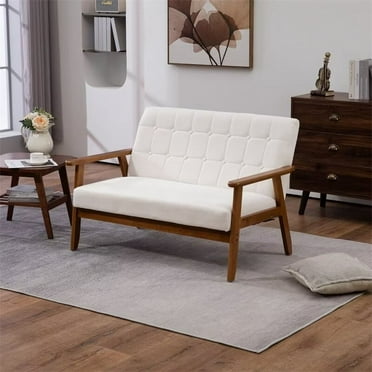 Loveseat Sofa, 44" Modern Linen Fabric Upholstered Loveseat with Solid Wood Frame, 2 Seater Couch Small Sofa Deep Seat for Living Room Bedroom Waiting Room, Beige