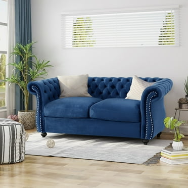 Loveseat Sofa, 62" Comfy Velvet Couch with Nailhead Accents, Tool-Free Setup Sofas for Living Room, Navy Blue