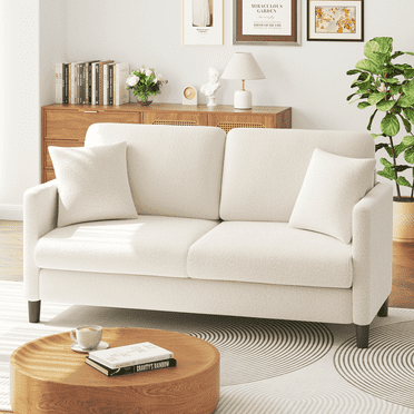 Loveseat Sofa,65" Comfy Teddy Fleece Love Seat Couch,Neche Extra Deep Seats Sofas,Tool-Free Setup Couch with 2 Pillows for Living Room Small Space,Beige White