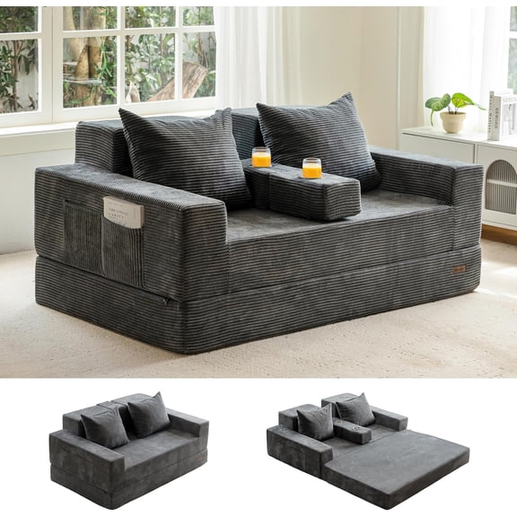 Loveseat Sofa Bed, 64" Foldable Floor Sofa Couch in A Box with 2 Cup Holders, 4 in 1 Convertible Boneless Couch Folding Recliner Sleeper Chair for Living Room, No Assembly Required, Dark Grey