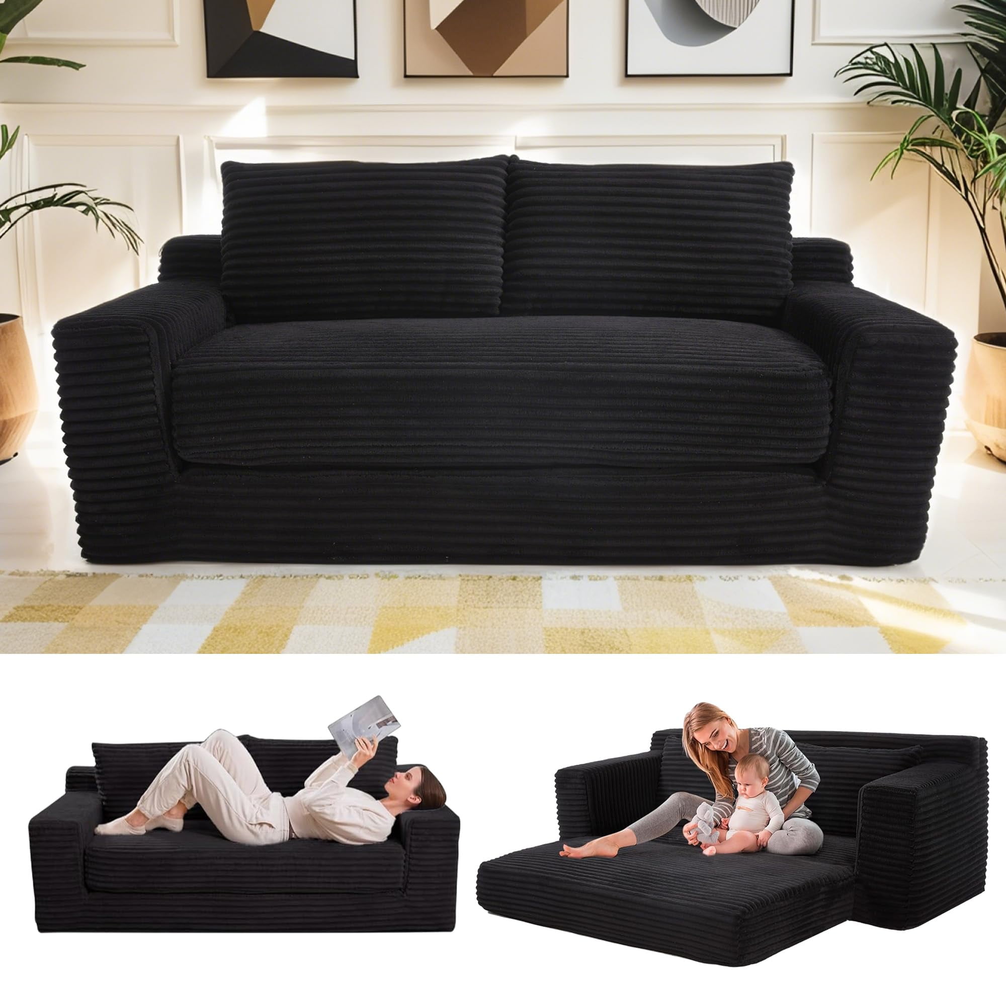 Loveseat Sofa Bed Boneless Couch, Convertible 2-in-1 Design, Corduroy Fabric - Compact Memory Foam Couch for Small Spaces, Apartments, Home Office & Bedroom (Black)