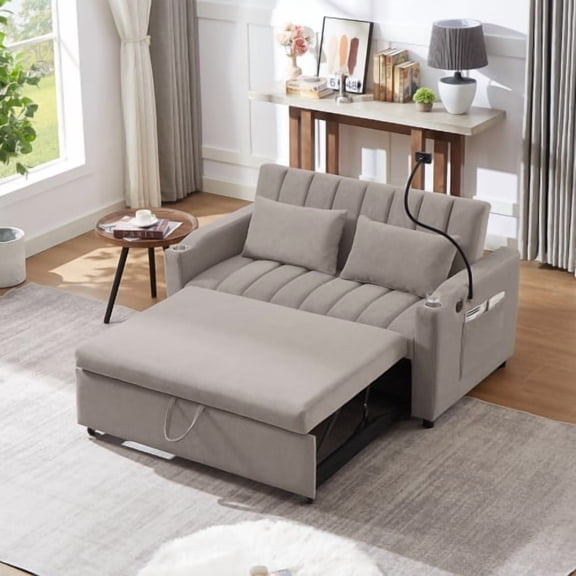 Loveseat Sofa Bed, Convertible Sleeper Sofa with USB Ports, Swivel Phone Holder, Cup Holders and Storage, Light Grey