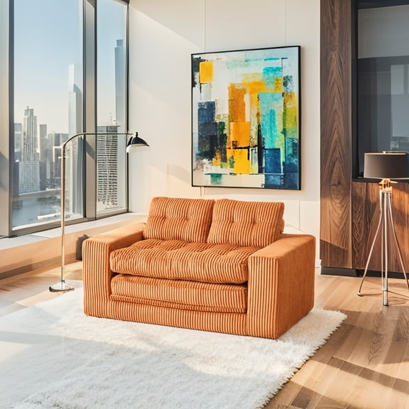 Loveseat Sofa Bed with Memory Foam & Steel Frame - No Assembly, Convertible 2-in-1 Design, Corduroy Fabric - Compact Couch for Small Spaces, Apartments, Home Office & Bedroom (Orange)