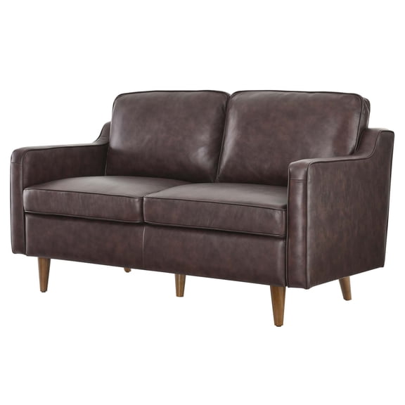 Loveseat Sofa, Brown, Leather, Modern Contemporary, Mid Century Living Hotel Lounge Cafe Lobby
