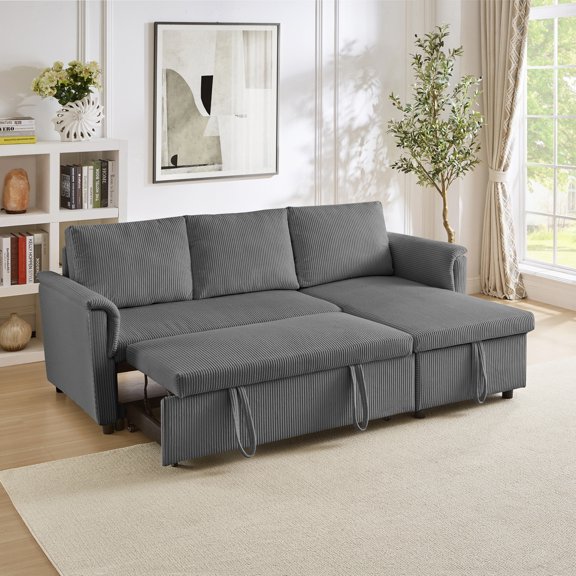 Loveseat Sofa with Chaise Lounge L-Shaped Modular Convertible Sofa with Storage Chaise, Corduroy Tufted Upholstered Sleeper Sectional Sofa,Pull Out Sleep Couch Bed and Reclining Backrest-Gray 00104