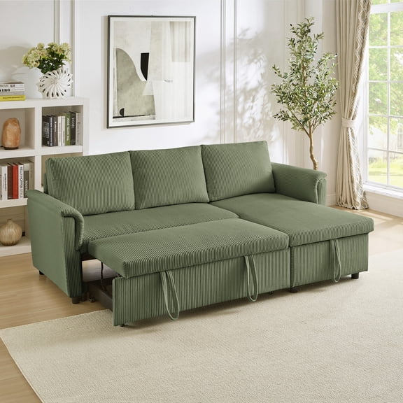 Loveseat Sofa with Chaise Lounge L-Shaped Modular Convertible Sofa with Storage Chaise, Corduroy Tufted Upholstered Sleeper Sectional Sofa, Pull Out Sleep Couch Bed and Reclining Backrest (Green)