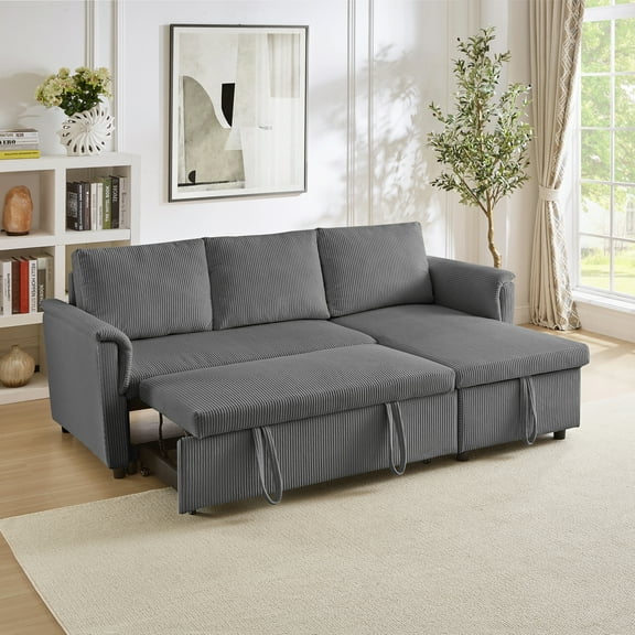 Luxury Gray Corduroy Loveseat Sofa with Chaise & Storage | L-Shaped Convertible Sleeper Sectional with Reclining Backrest | Modern Tufted Upholstered Couch for Living Room