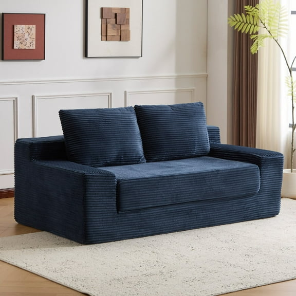 Loveseat Sofa, Comfortable Deep Seat Sofa Bed, Reversible Cushion with Pillows, Modern Small Corduroy Couch for Living Room, Bedroom, Apartment, Office, No Assembly Required, Dark Blue