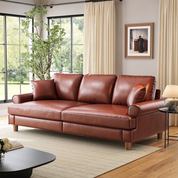 87" Couch Premium PU Leather Sofa, Comfy Extra Deep Seat 3 Seater Couch for Living Room, with 2 Pillows, Brown