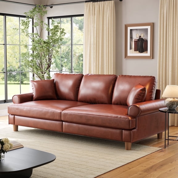87" Couch Premium PU Leather Sofa, Comfy Extra Deep Seat 3 Seater Couch for Living Room, with 2 Pillows, Brown