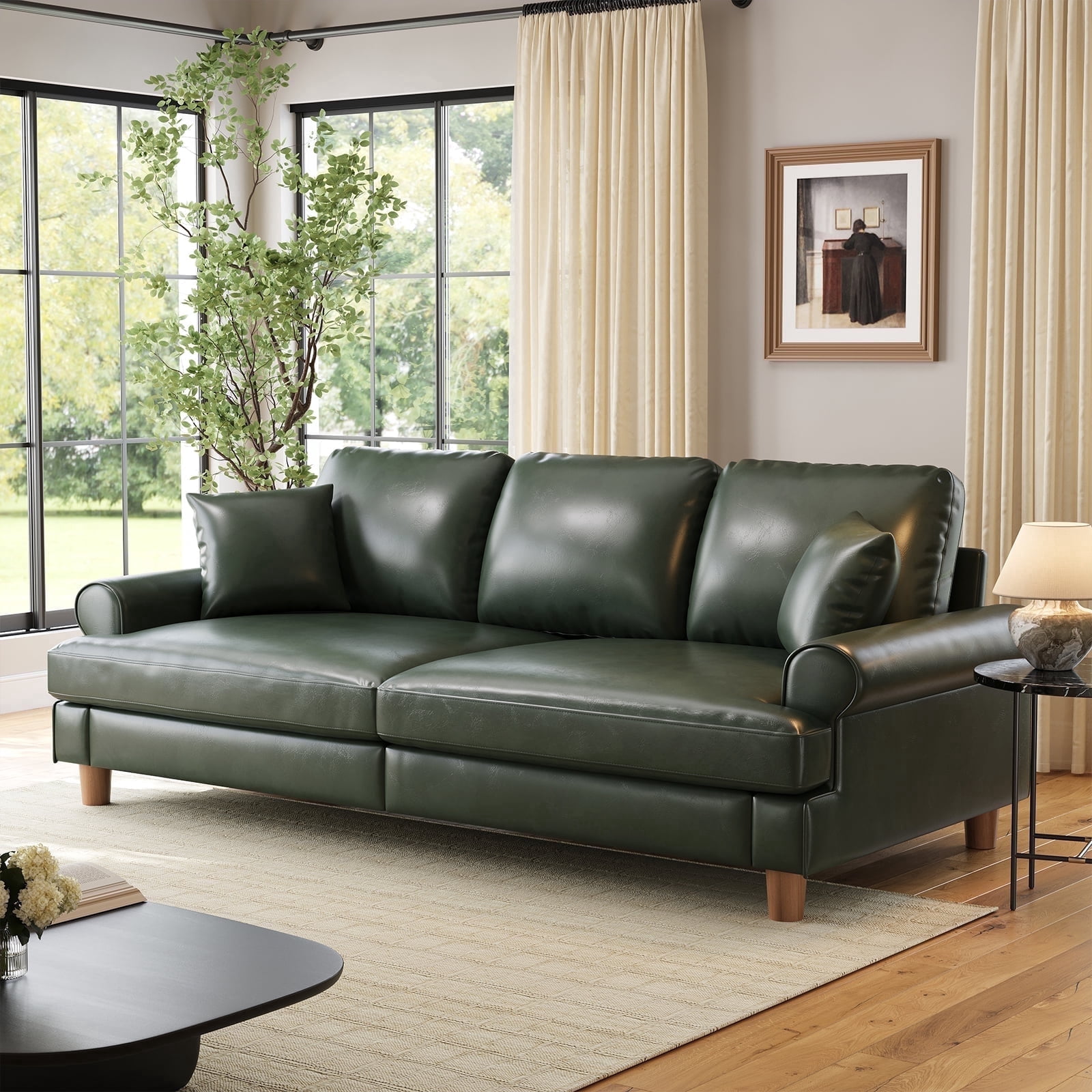 87" Couch Premium PU Leather Sofa, Comfy Extra Deep Seat 3 Seater Couch for Living Room, with 2 Pillows, Green