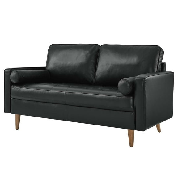 Loveseat Sofa Couch, Black, Leather, Mid Century Living Lounge Cafe Lobby Hospitality Restaurant, Modern Contemporary HB34246