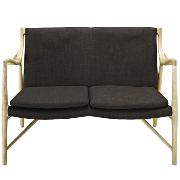 Loveseat Sofa Couch, Brown Natural, Fabric, Wood, Living Kitchen Cafe Bistro Hospitality Restaurant, Modern HB32593