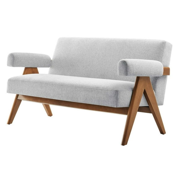Loveseat Sofa Couch, Light Grey Gray, Fabric, Wood, Living Kitchen Cafe Bistro Hospitality Restaurant, Modern Contemporary HB36206