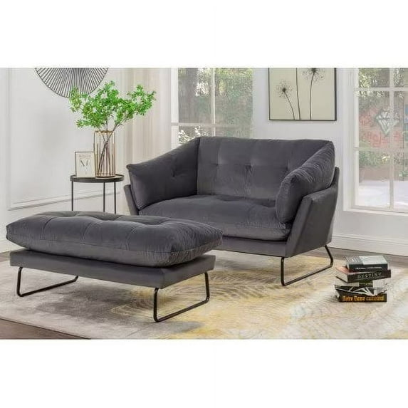Loveseat Sofa Couch Set, Contemporary Loveseat and Ottoman, Velvet Comfty Loveseat Sofa, Mid-Century Velvet Sofa Set, 2-Seater Upholstered Bench for Living Room Bedroom, Dark Gray