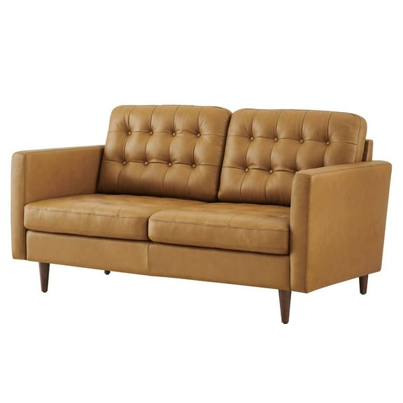 Loveseat Sofa Couch, Tan, Leather, Mid Century Living Lounge Cafe Lobby Hospitality Restaurant, Modern Contemporary HB34405