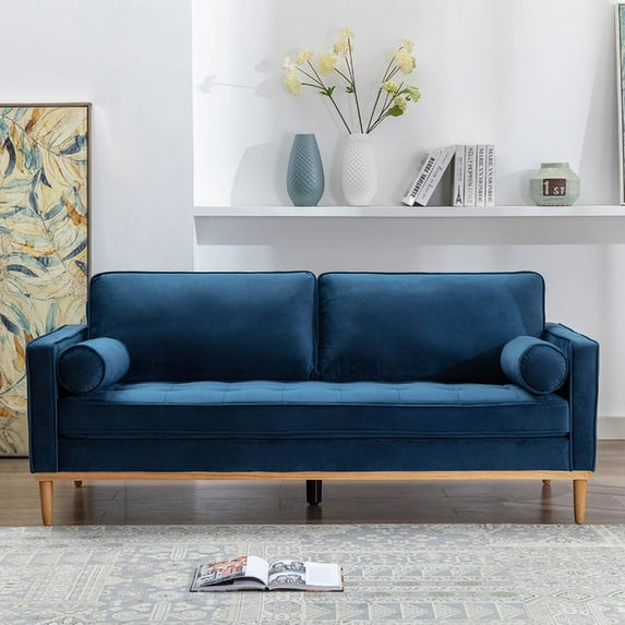 Loveseat Sofa Couches, Upholstered Fabric Love Seat Armchair Couch with Wooden Legs for Living Room and Office, 74"W Blue