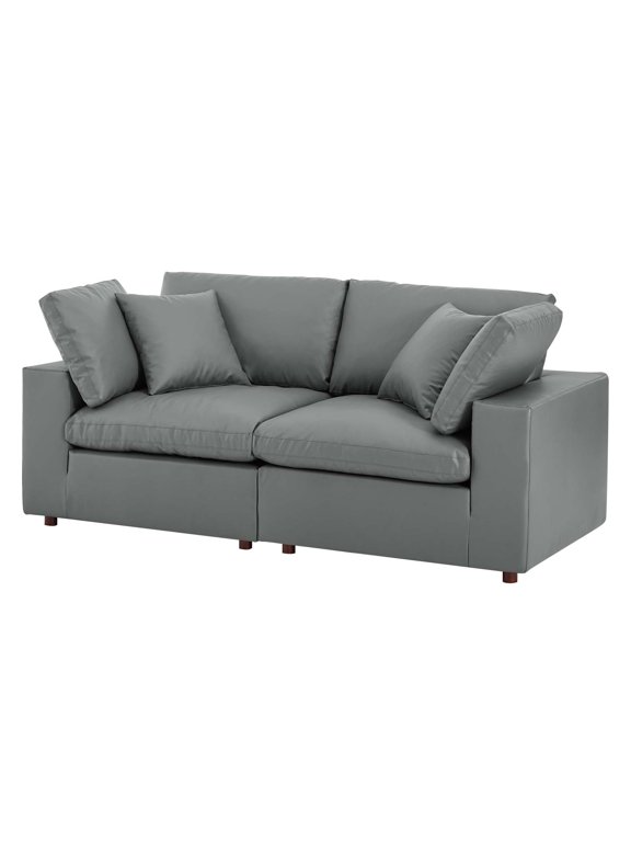 Loveseat Sofa, Faux Vegan Leather, Grey Gray, Modern Contemporary Urban Design, Living Lounge Room Hotel Lobby Hospitality