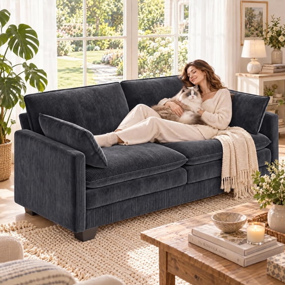 Loveseat Sofa, Lofka 70" Cloud Couch for Living Room with Deep Seat, Corduroy for Small Space, Dark Gray