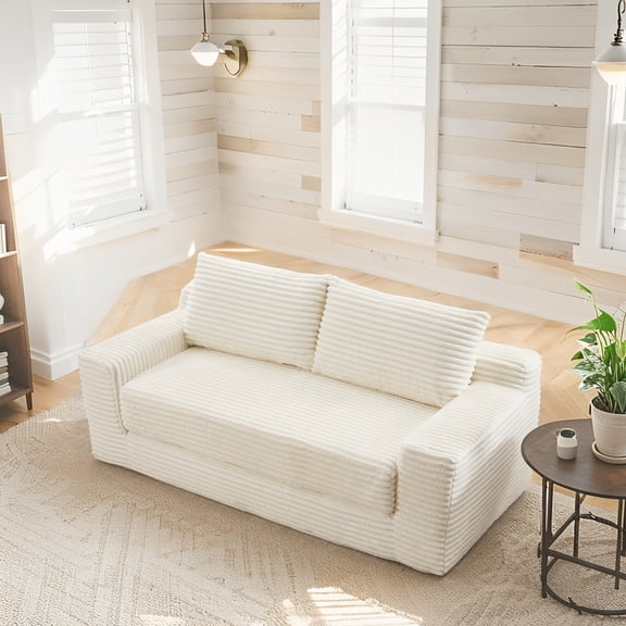 Loveseat Sofa with Memory Foam & Steel Frame - No Assembly, Convertible 2-in-1 Design, Corduroy Fabric - Compact Couch for Small Spaces, Apartments, Home Office & Bedroom (Beige)