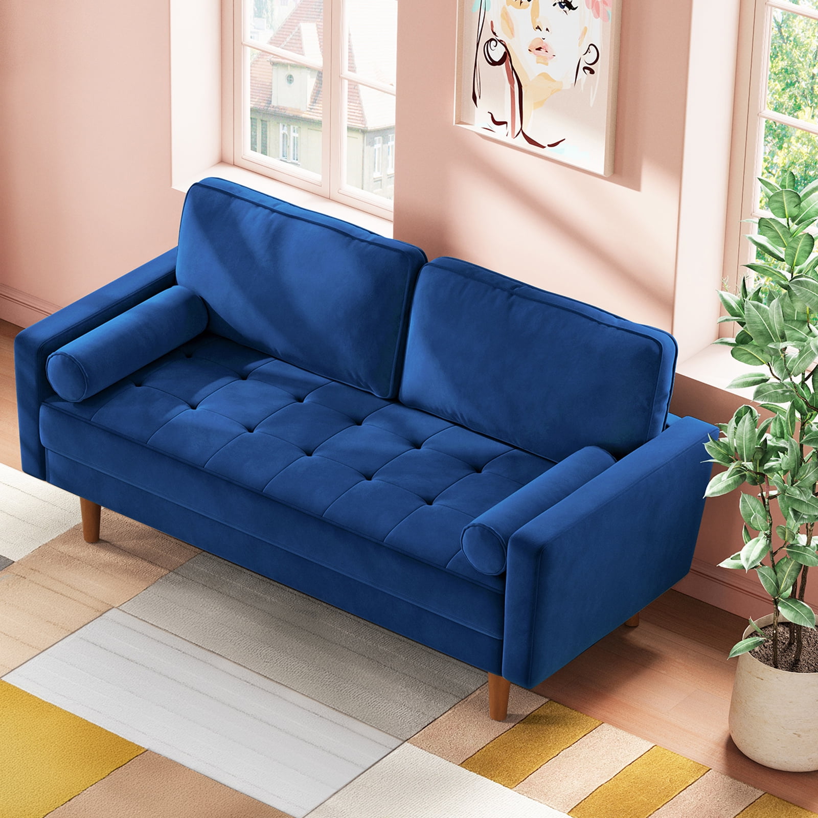 59 Inches Luxury Comfy Velvet Sofa with 2 Pillows Neche 2 Seater Small Modern Upholstered Love Seat Couch in a Box Home Living Room Furniture Blue