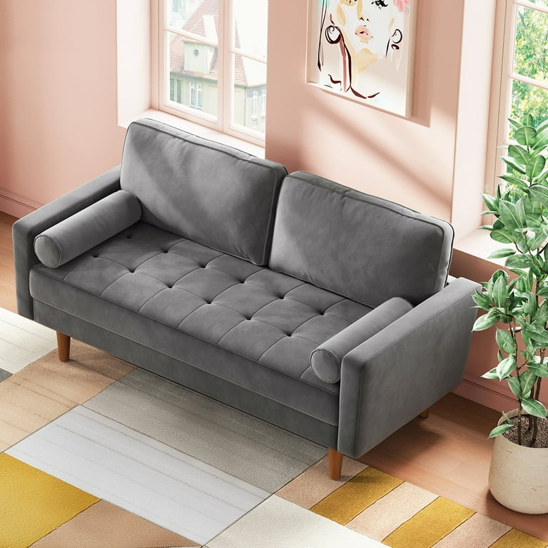 59 Inches Luxury Comfy Velvet Sofa with 2 Pillows Neche 2 Seater Small Modern Upholstered Love Seat Couch in a Box Home Living Room Furniture Gray