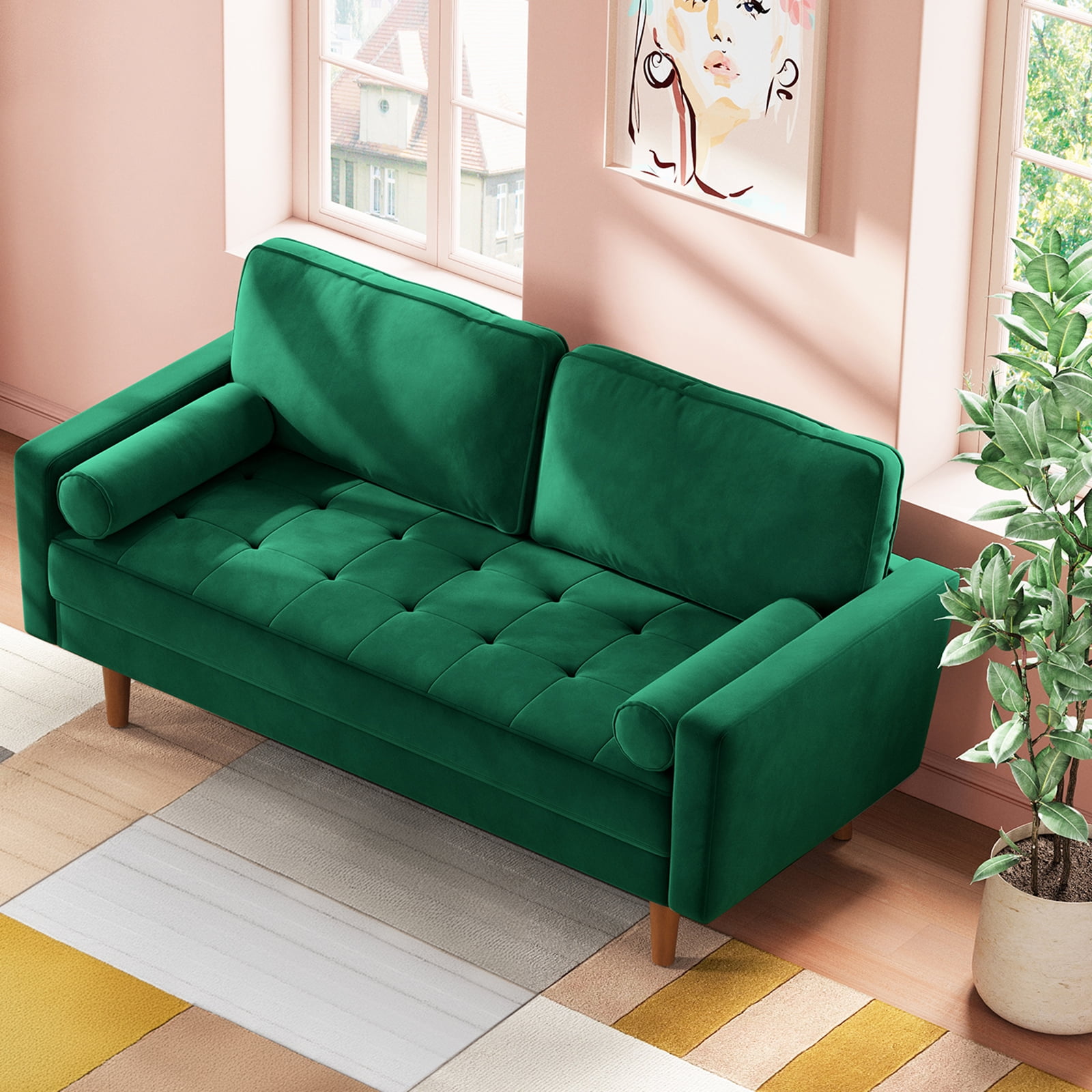 59" Velvet Couch for Living Room, Neche Sofa for Small Space, Solid Wood Leg, One Box, Green