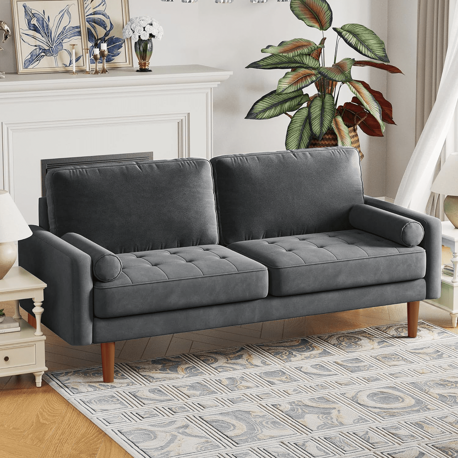 70" Luxury Velvet Couch, Neche 3 Seater Modern Upholstered Loveseat Sofa in a Box, Office Home Living Room Furniture, 2 Pillows,Gray