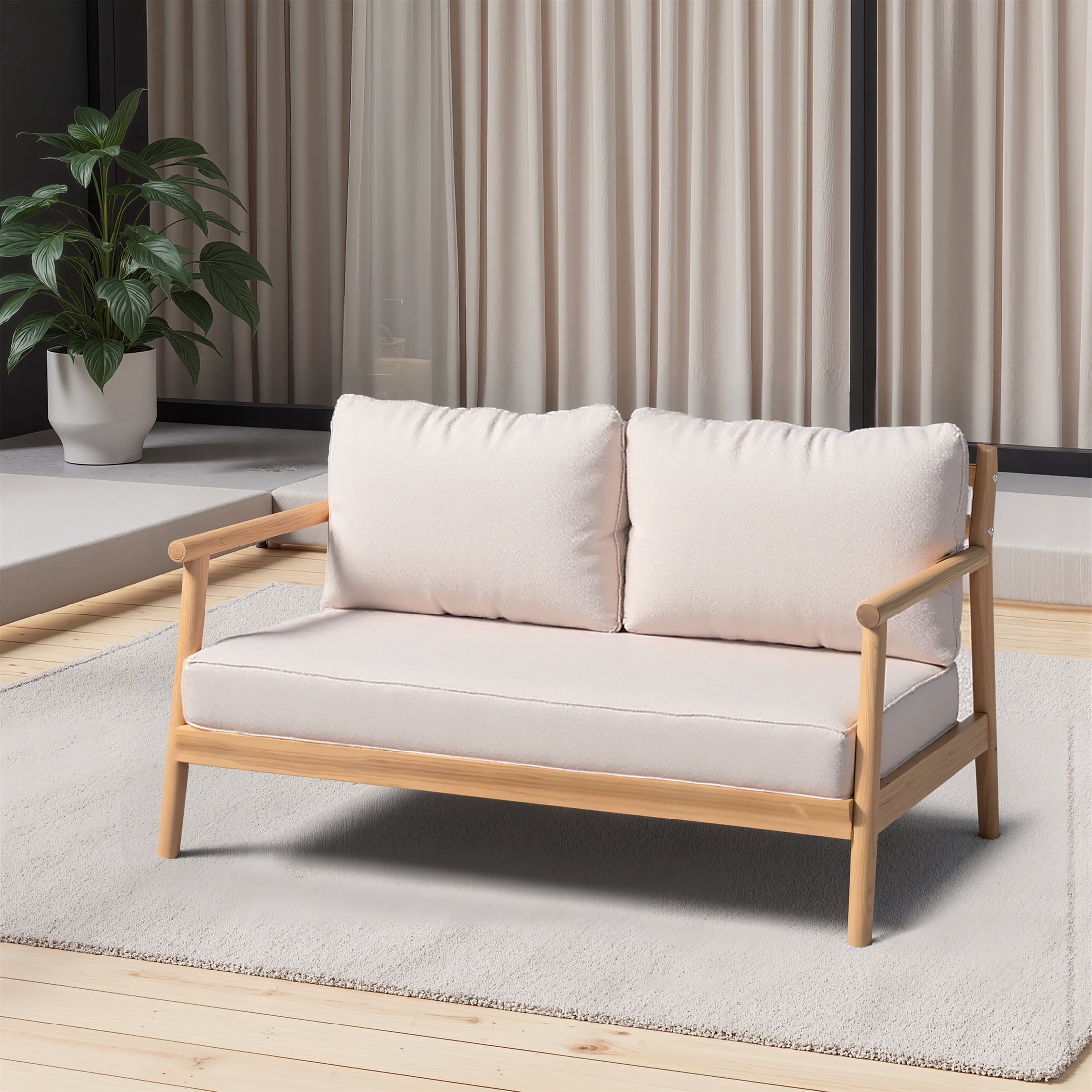 Loveseat Sofa, Patio Acacia Wood Sofa with Water-Resistant Cushion for Garden, Teak and Beige