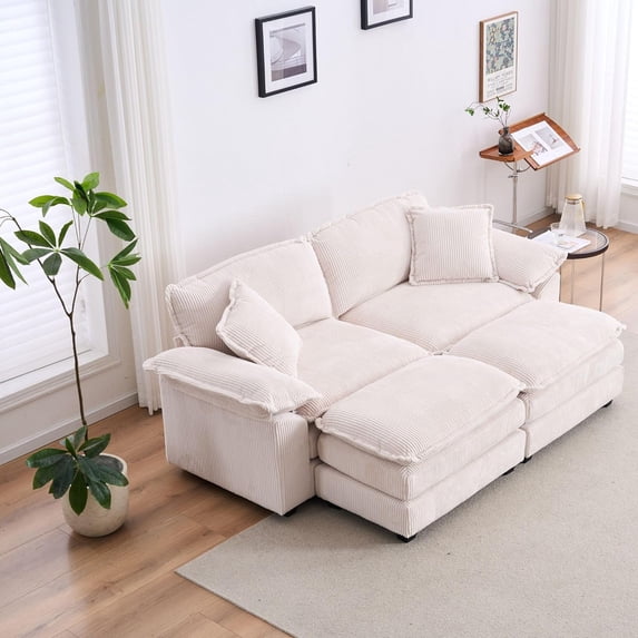 Loveseat Sofa Sectional Sofa with Ottoman,Modern Sleeper Couch with Pillows, Corduroy Comfy Upholstered Deep Seat Modular Sofa for Living Room, Apartment,Office,White