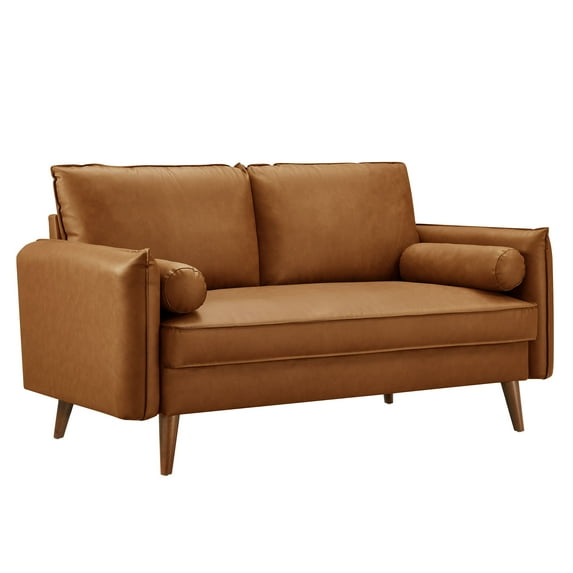 Loveseat Sofa, Tan, Faux Leather, Living Room Lounge Cafe Lobby Hospitality Restaurant, Modern Contemporary, HB37342