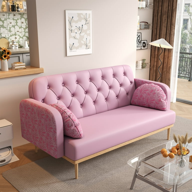 Loveseat Sofa with Tulip Pattern Modern Upholstered Two Seater PU Sofa Elegant Light Pink Color Includes 2 Dumpling Shaped Throw Pillows with