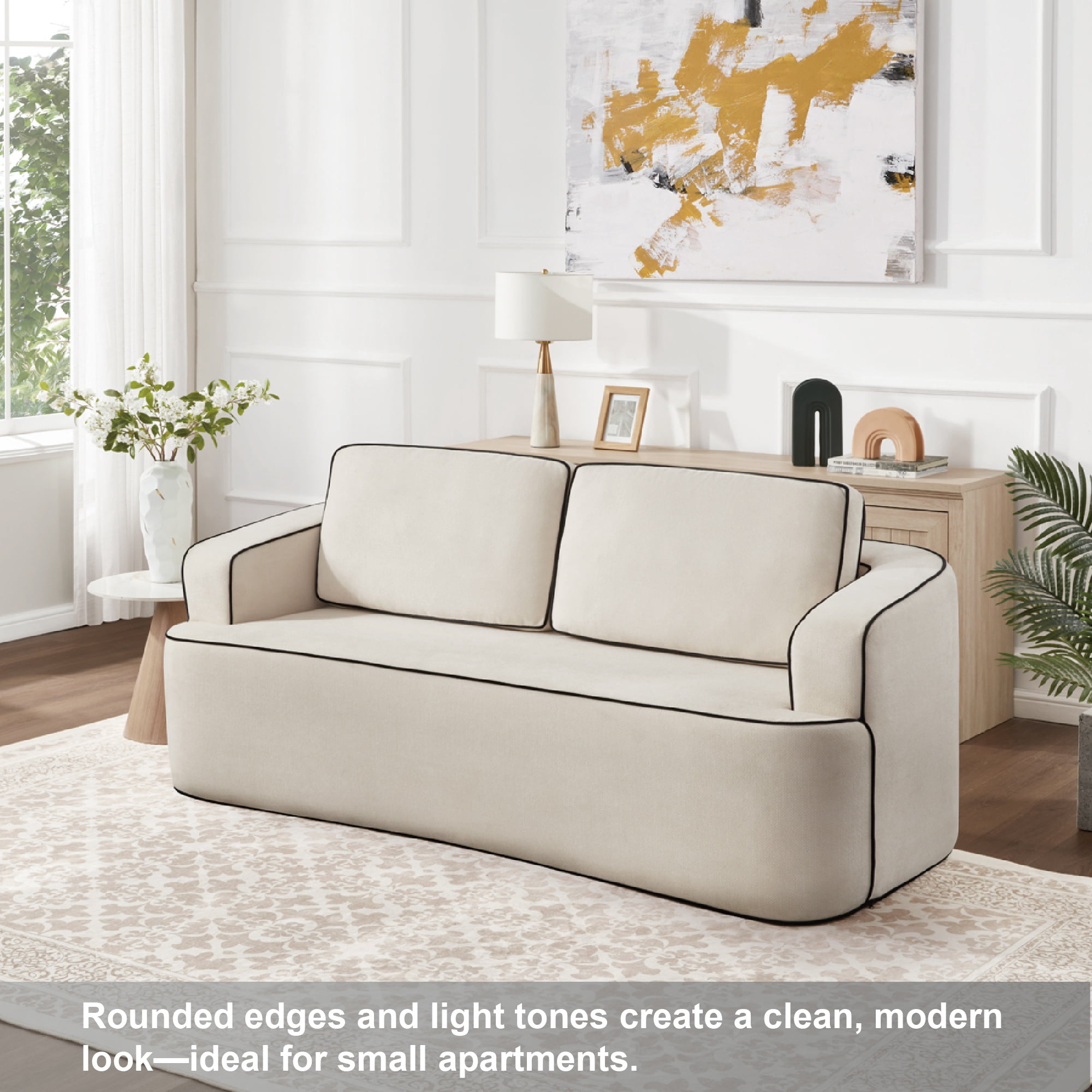 Loveseat Sofa with Integrated Armrest and Double Seat Layout, Space Saving Small Couch for Apartment and Bedroom, No-Tool Assembly, Alabaster