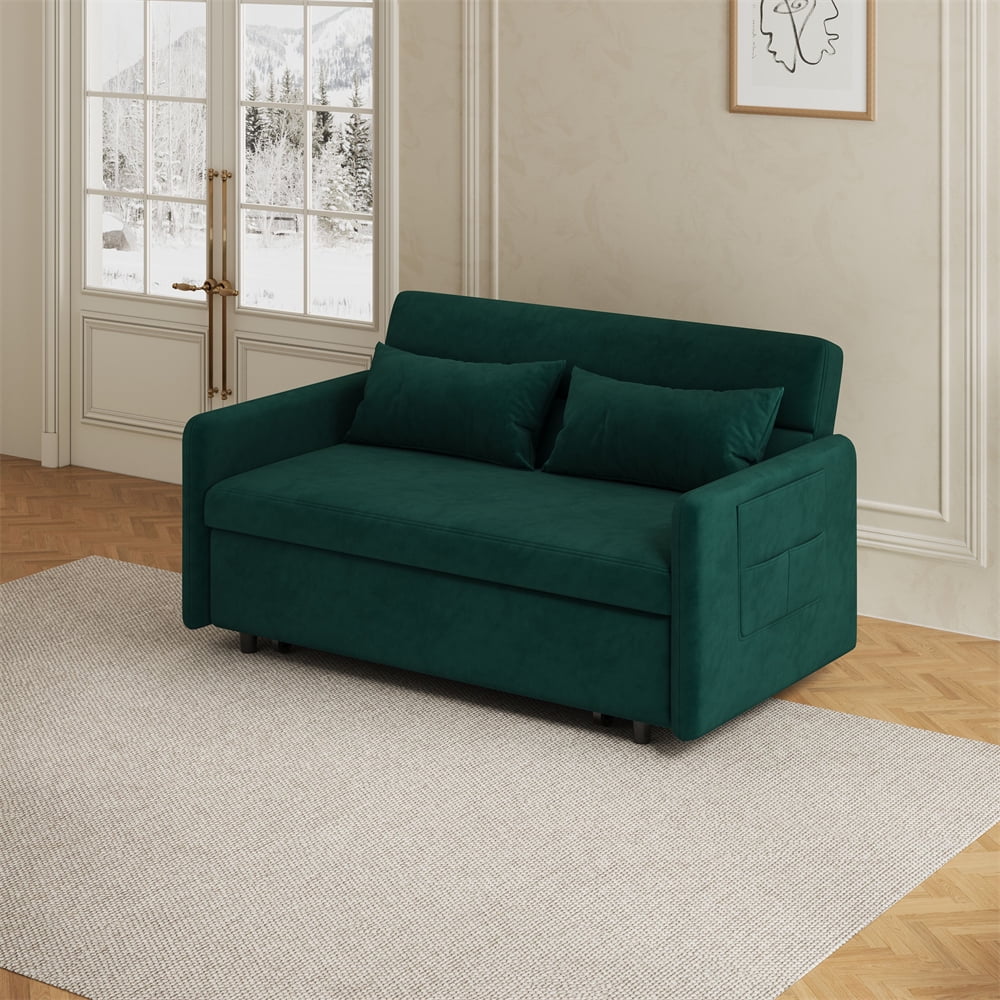 Loveseat Sofa with Pull Out Bed, Velvet Convertible Sofa Bed with 2
