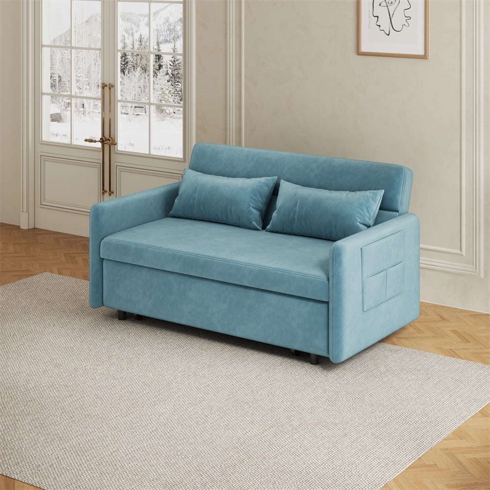 Loveseat Sofa with Pull Out Bed, Velvet Convertible Sofa Bed with 2