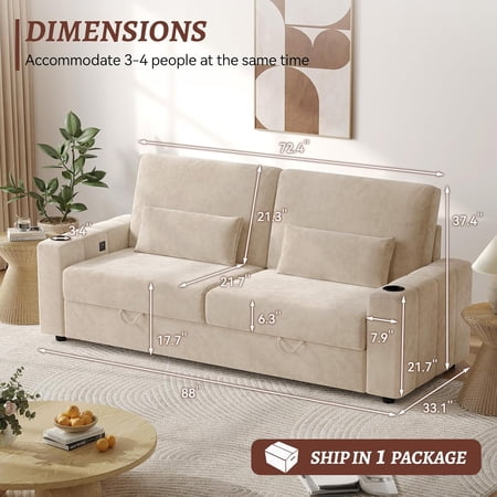 Loveseat Sofa with Storage and Charging Ports, Modern Beige Velvet Couch for Living Room