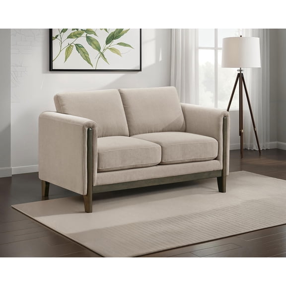 Loveseat, Taupe Upholstered Two-Seater Sofa with Reversible Back and Seat Cushions, Coffee Finish Wood Trim, 35"H x 57.75"W x 32.75"D, Transitional Style for Living Room or Den