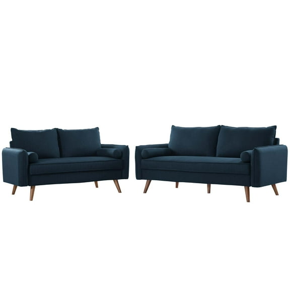 Loveseat and Sofa Set, Fabric, Navy Blue, Modern Contemporary Urban Design, Living Lounge Room Hotel Lobby Hospitality