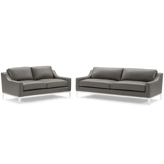 Loveseat and Sofa Set, Leather, Steel, Grey Gray, Modern Contemporary Urban Design, Living Lounge Room Hotel Lobby Hospitality