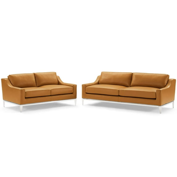 Loveseat and Sofa Set, Leather, Steel, Tan, Modern Contemporary Urban Design, Living Lounge Room Hotel Lobby Hospitality