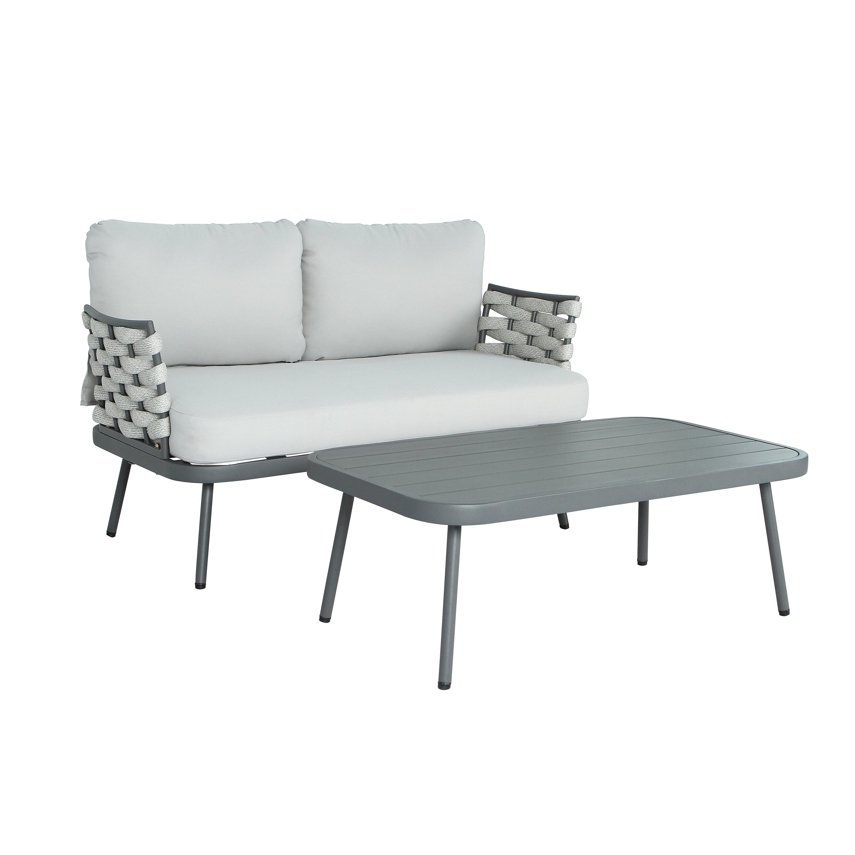 Loveseat and Table, Outdoor Steel Furniture for Patio Garden, Grey