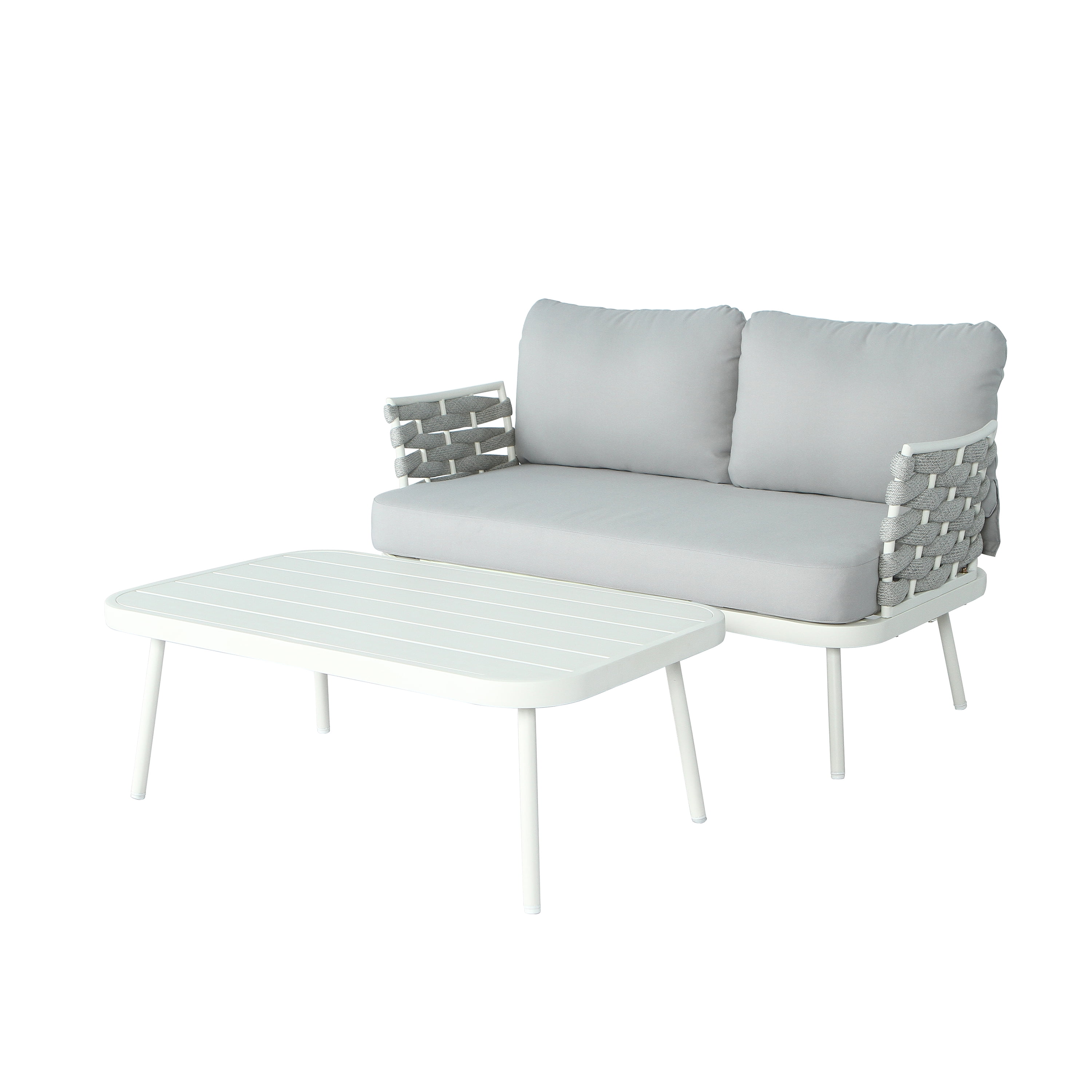 Loveseat and Table, Outdoor Steel Furniture for Patio Garden, Off White and Grey