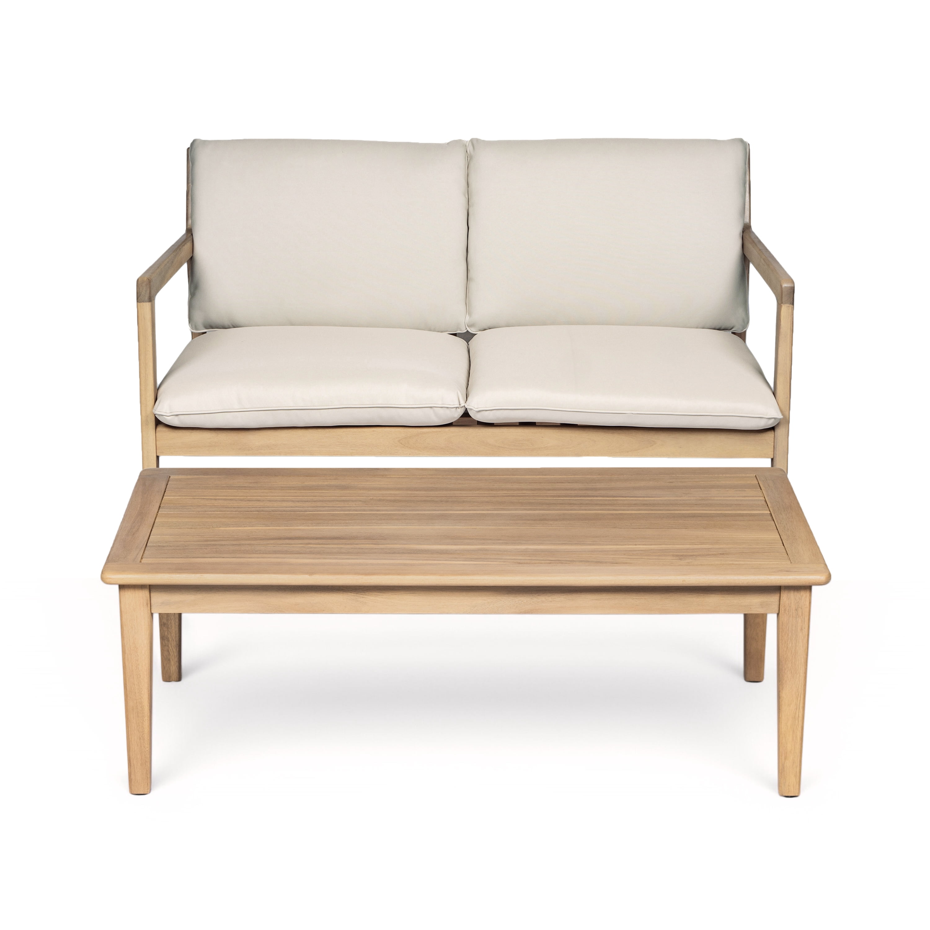 Loveseat with Coffee Table, Outdoor Acacia Wood Furniture for Patio Garden, Light Teak and Beige