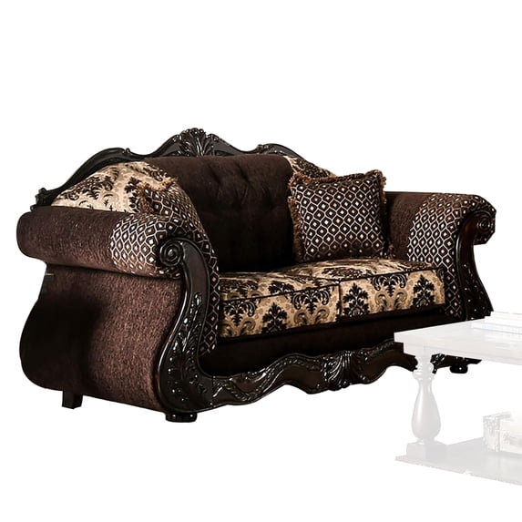 Loveseat with Scalloped Crown Top Back and Damask Pattern, Dark Brown