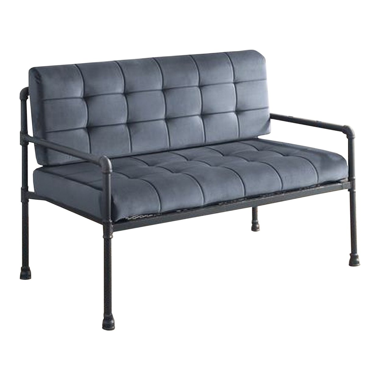 Industrial Gray Velvet Tufted Loveseat with Matte Black Metal Frame