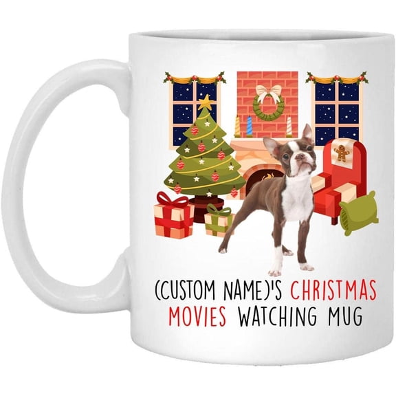 Lovesout Brown Boston Terrier Dog 2025 Christmas Movies Watching Mug Personalized Name Gifts 2026 New Year Eve Coffee Cup White 11 oz